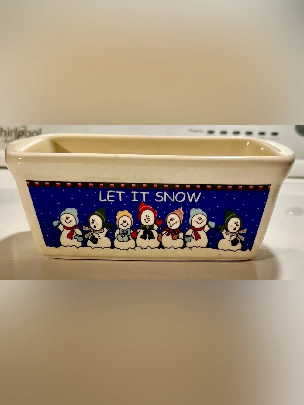 Holiday 'Let It Snow' Snowman Ceramic Serving miniture loaf dish- Cream and Blue
